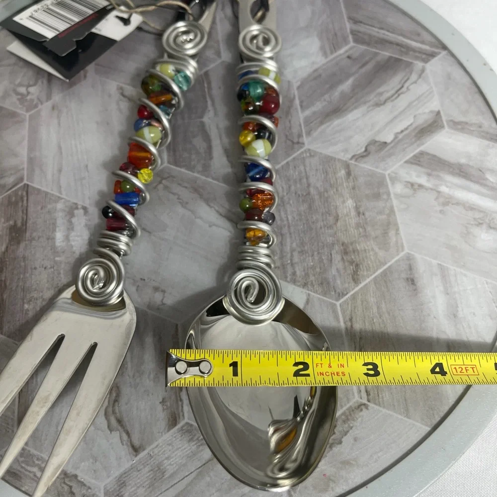 Vintage 1999 Oneida 18/8 Beaded Handle Serving Spoon Fork Set